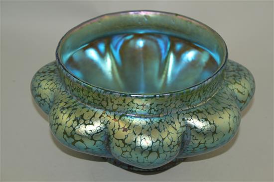 A Loetz style iridescent glass lobed rose bowl, c.1905, 25.5cm